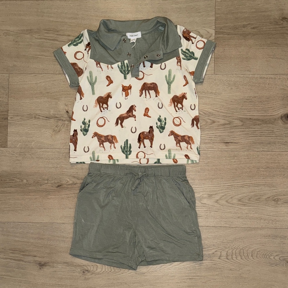 New Angel Dear Uni Cowboy Polo and Short Set - Sage & Cream Horses Western